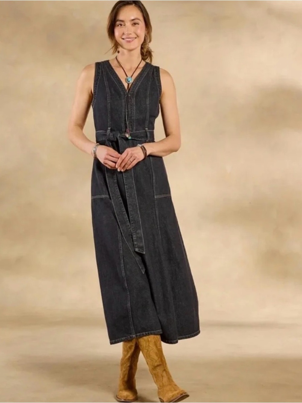 Sundance women’s size 6 poppy Black Sleeveless Denim Maxi Dress Cotton